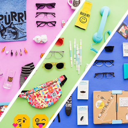 Colorful assortment of novelty items, including glasses, pens, socks, phone accessories, and decorative mugs.