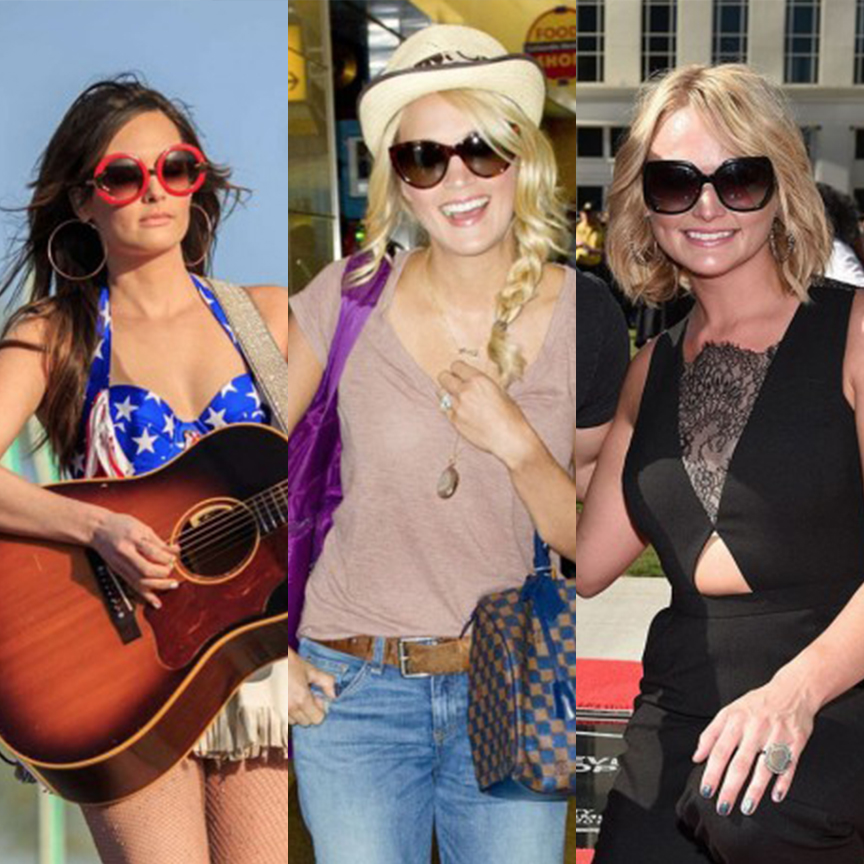 Red sunglasses, oversized brown aviators with hat, oversized black sunglasses.