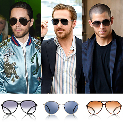 Three different styles of aviator sunglasses worn by three men, shown with matching product images below.