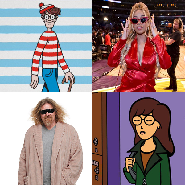 Character collage: red striped shirt and beanie, woman in red outfit, man in robe, animated woman in glasses.