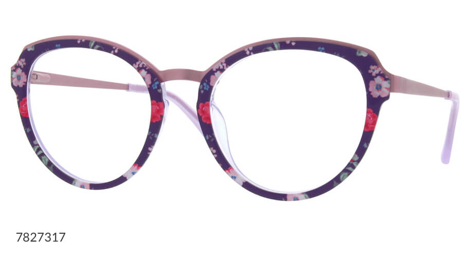Purple floral-patterned eyeglasses with cat-eye frames and model number 7827317 in the bottom left corner.
