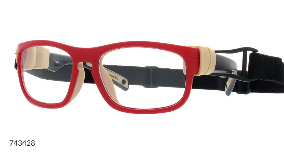 Red-framed protective goggles with an adjustable black strap. Number "743428" in the bottom left corner.