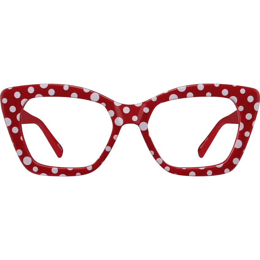 Red polka dot cat-eye glasses frames with white dots.