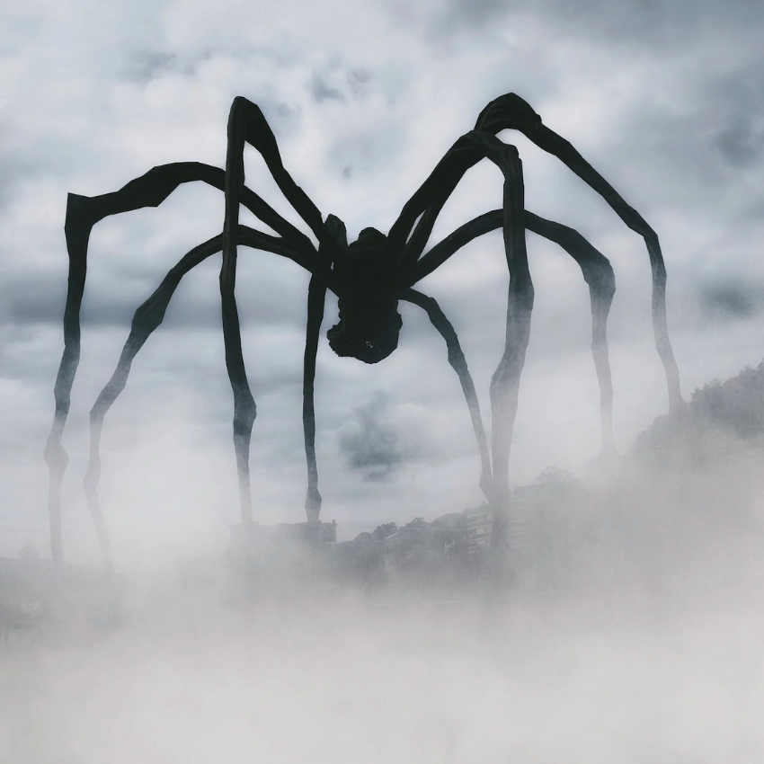 Large black spider sculpture with elongated legs in a foggy setting against a cloudy sky.