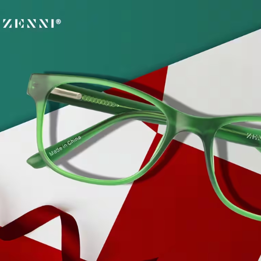 Green Zenni eyeglasses with "Made in China" text on the inside of the left temple arm.
