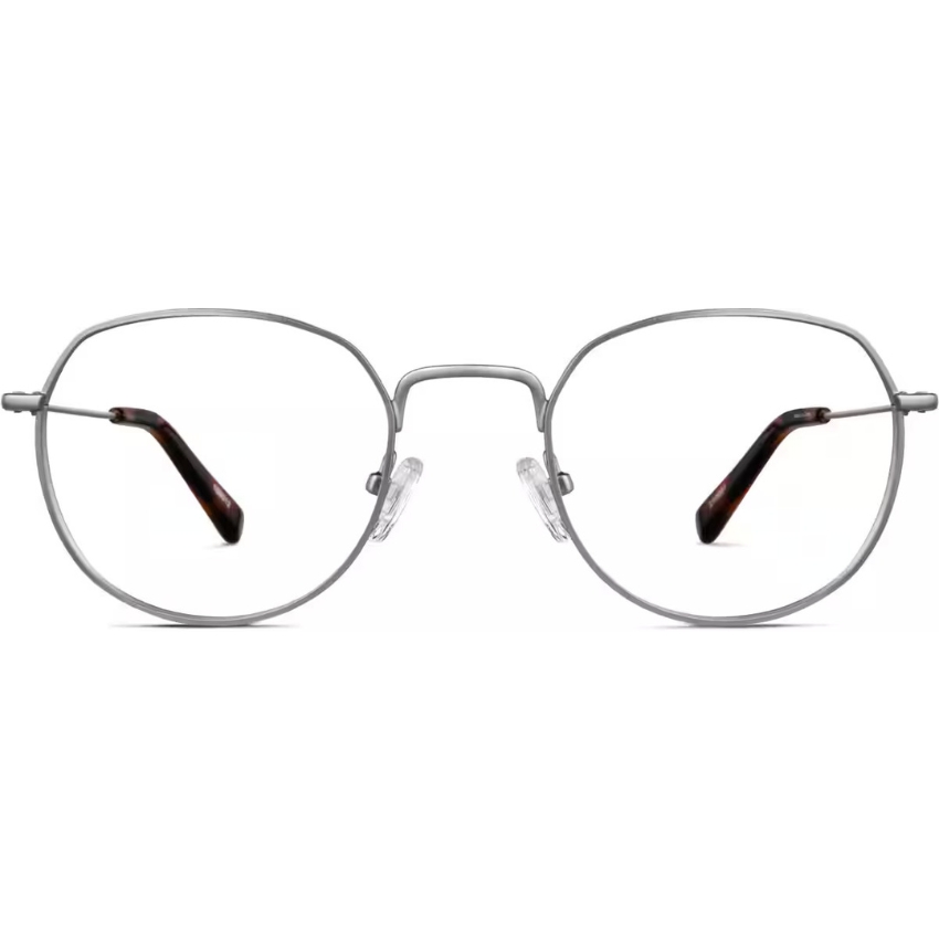 Silver round eyeglasses with clear lenses and black tips.