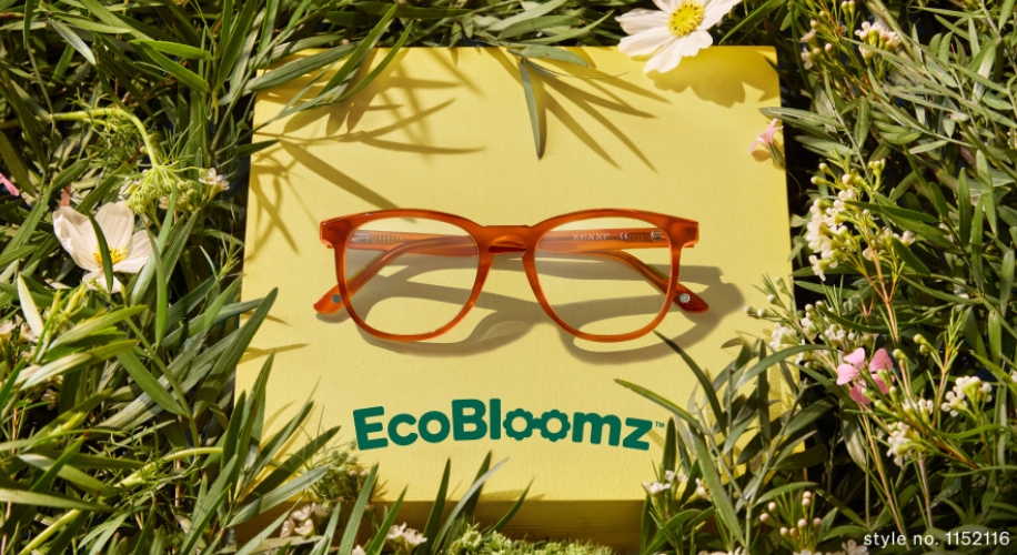 Orange eyewear on yellow surface, EcoBloomz logo, style no. 1152116.